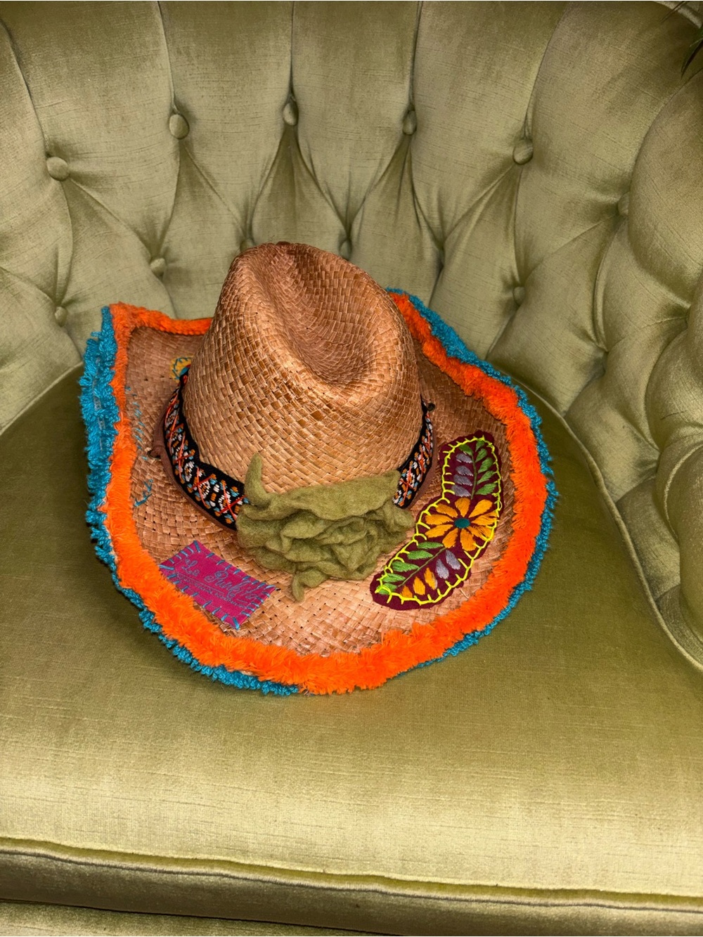 Bohemian Gypsy Queen Embroidered Raffia Straw Hat Fringe Brim medium - Picture 9 of 12